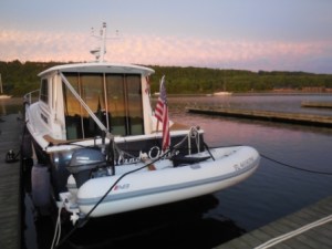 Sunset reflection on boat doors