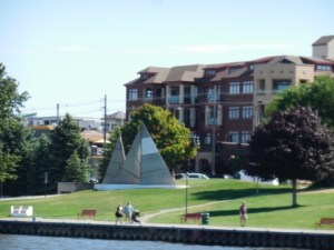 Sailboat sculpture and Riverwalk